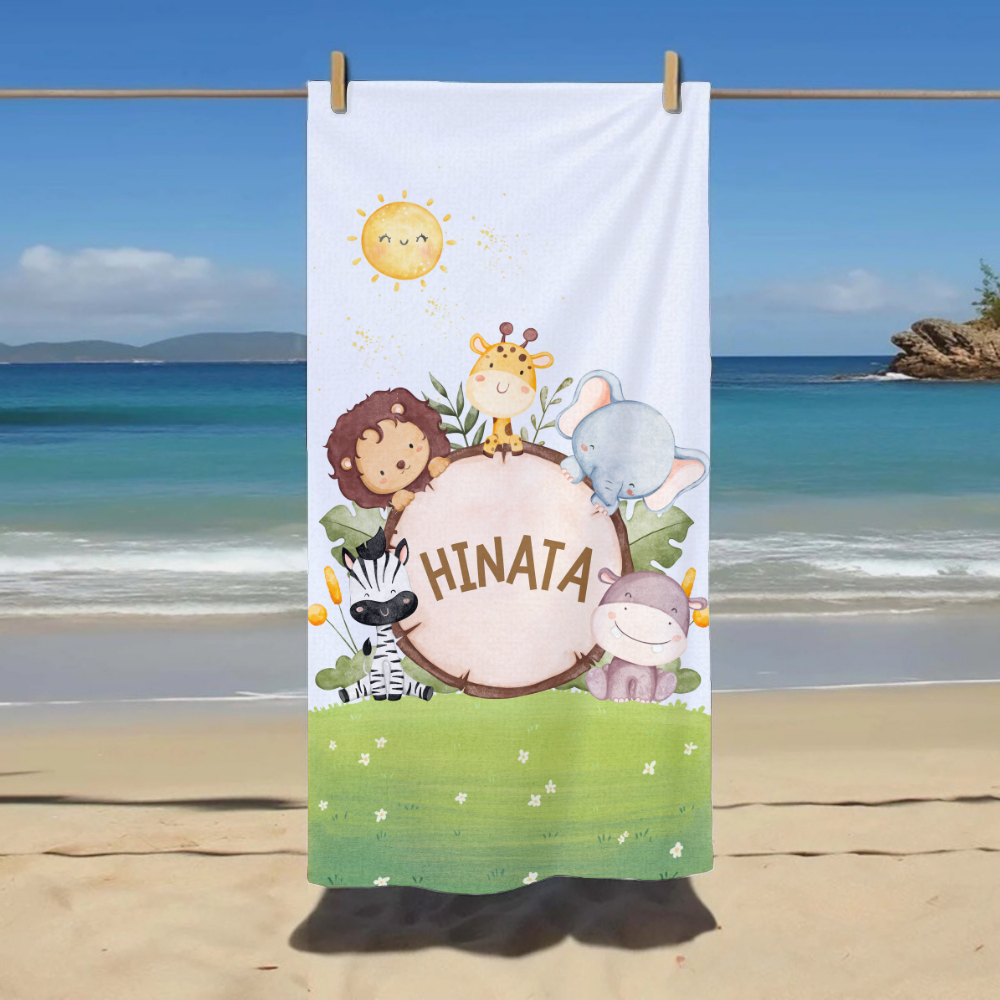 オリジナル名前入りビーチタオル · 洗顔タオル ♪ オーダーメイド   名前入りの子供用ビーチタオル  プールタオル - 動物