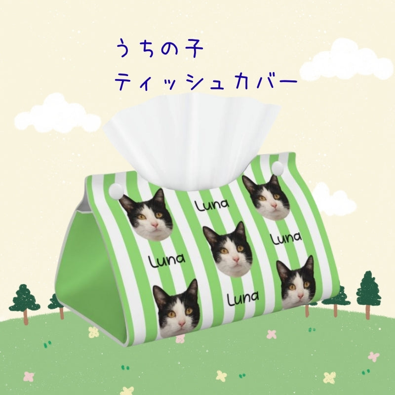 ペット/人物写真でつくるオリジナル レザー風 うちの子ティッシュカバー うちの子オーダー  うちの子グッツ　うちの子ギフト-  GREEN STRIPE