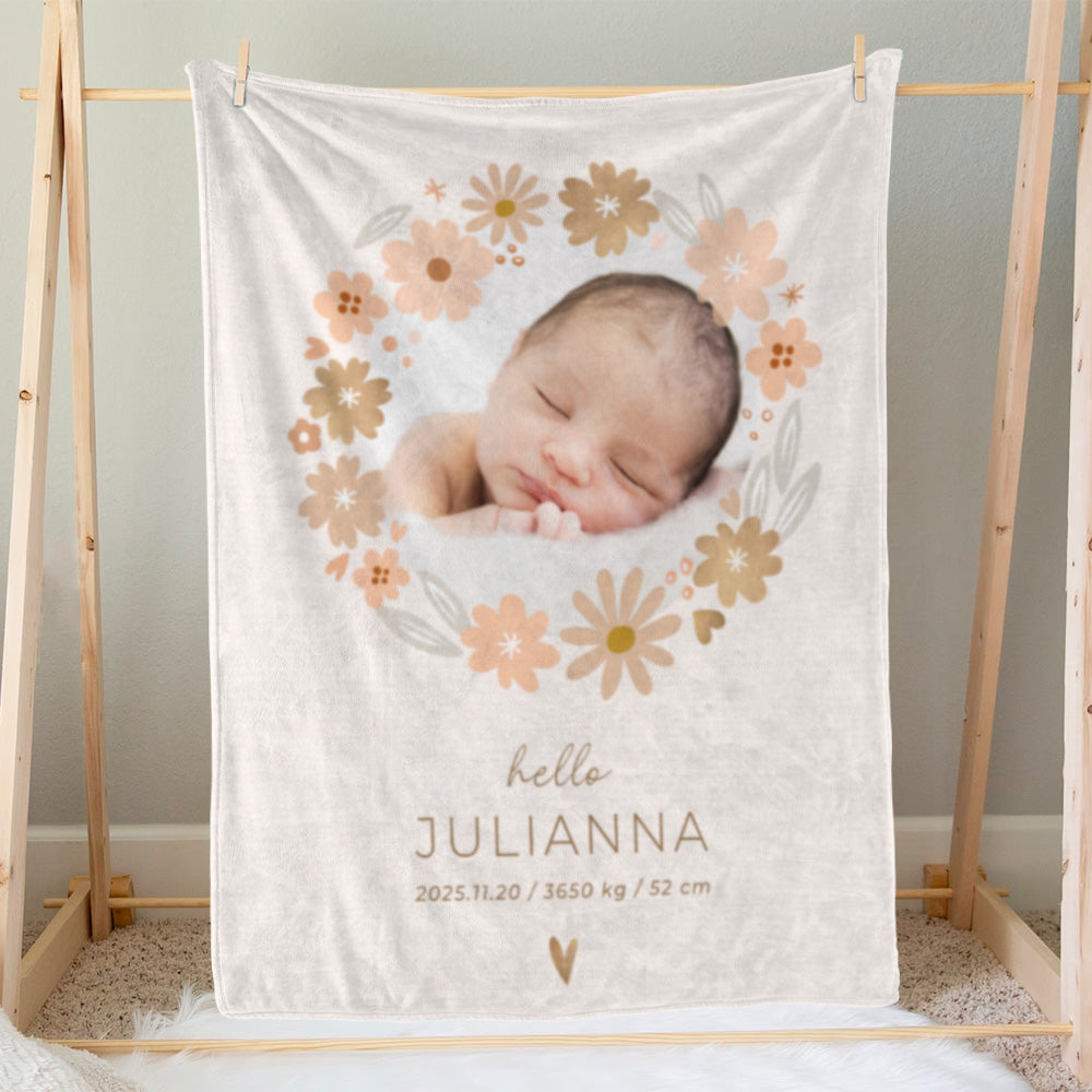 出産祝いに 写真と名前で作る大判ブランケット 女の子 男の子 赤ちゃん ベイビー★ 最高のギフト★花柄 11/08