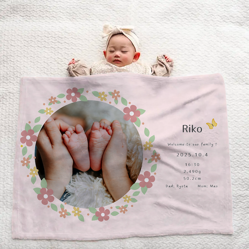 出産祝いに 写真と名前で作る大判ブランケット 女の子 男の子 赤ちゃん ベイビー★ 最高のギフト★ ピンクの花輪 10/05
