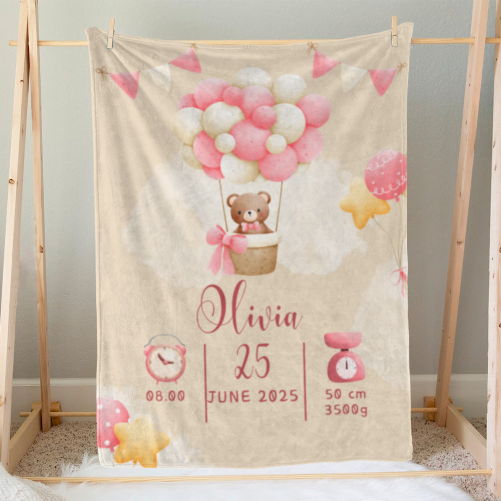 出産祝いに名前入り大判ブランケット 女の子 男の子 赤ちゃん ベイビー★ 最高のギフト★ クマと風船 11/08