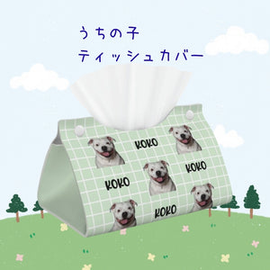 ペット/人物写真でつくるオリジナル レザー風 うちの子ティッシュカバー うちの子オーダー  うちの子グッツ　うちの子ギフト- グリーンのチェック柄