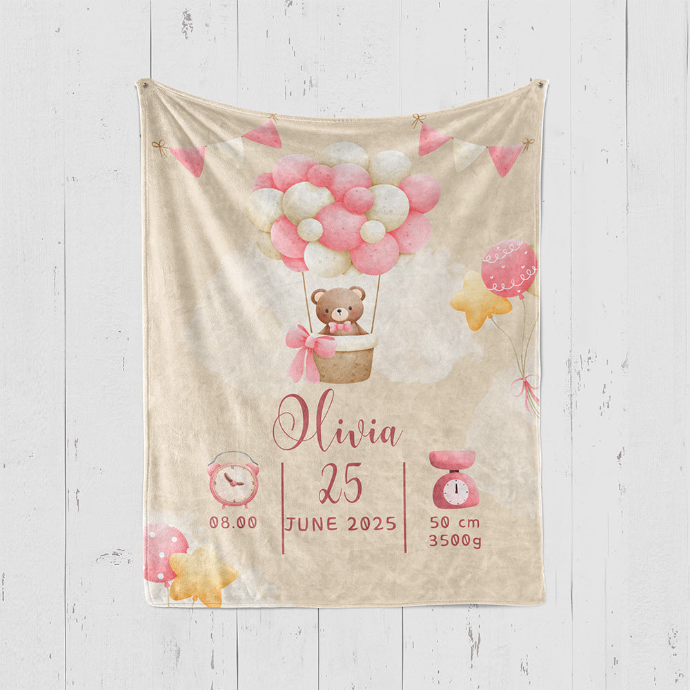 出産祝いに名前入り大判ブランケット 女の子 男の子 赤ちゃん ベイビー★ 最高のギフト★ クマと風船 11/08