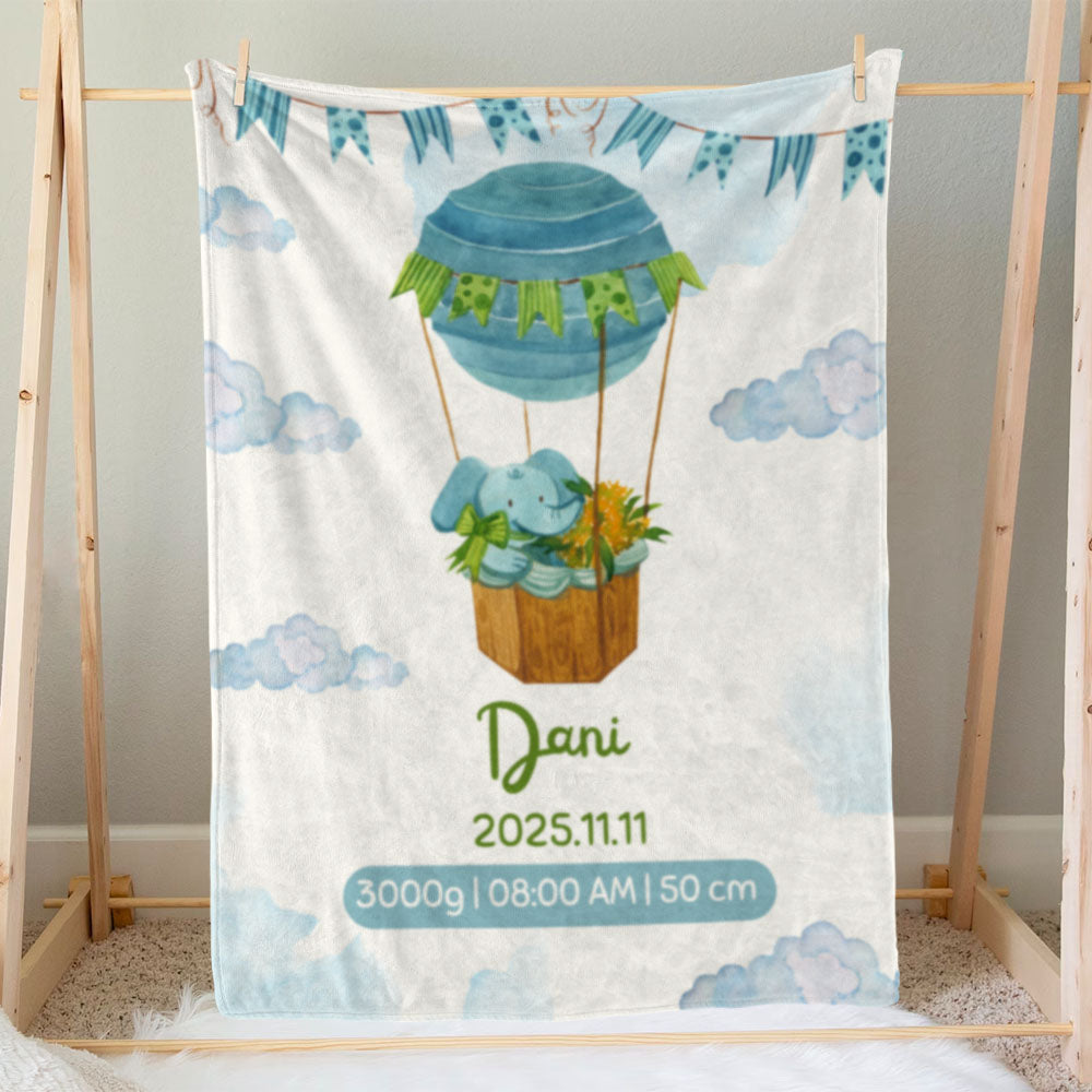 出産祝いに名前入り大判ブランケット 女の子 男の子 赤ちゃん ベイビー★ 最高のギフト★象と熱気球 11/08
