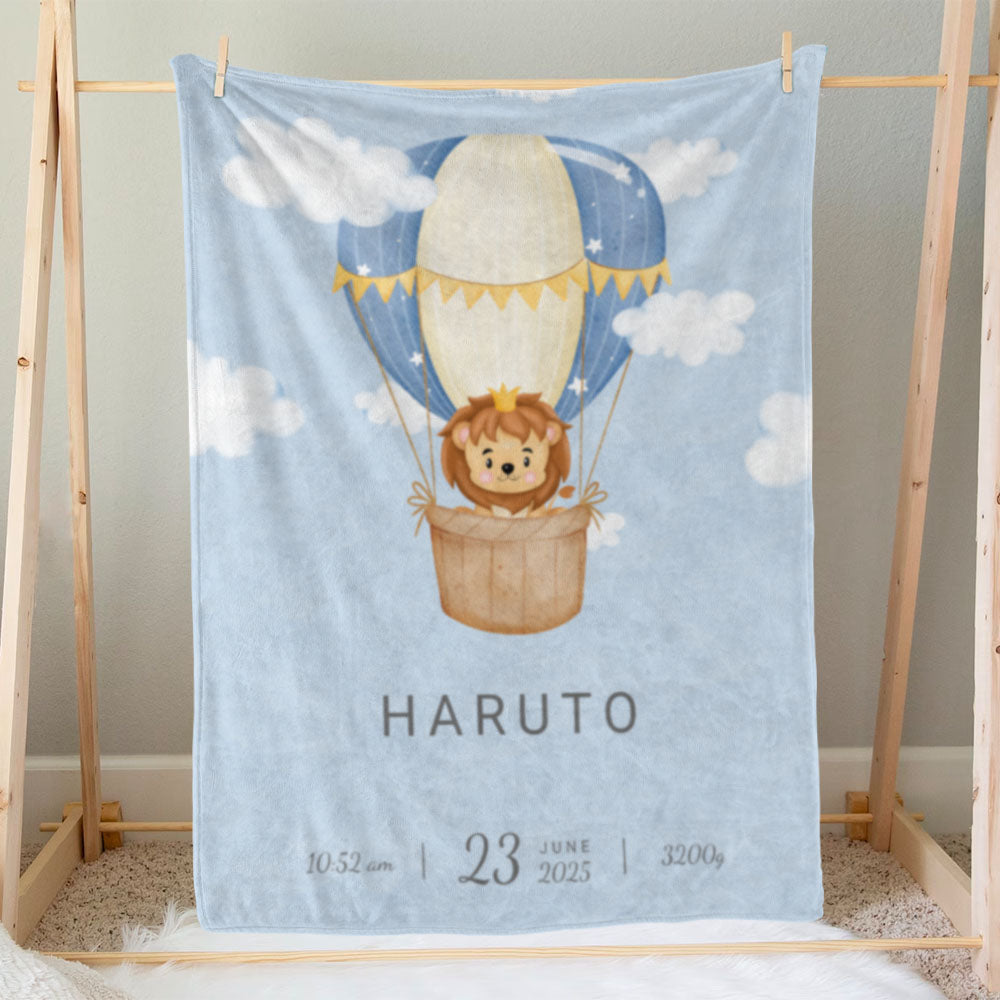 出産祝いに名前入り大判ブランケット 女の子 男の子 赤ちゃん ベイビー★ 最高のギフト★ ライオンと熱気球 11/08