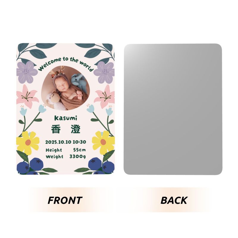 【オーダーメイド】命名書 メタル ネームプレート 写真入り 名入れ オーダー 出産祝い・ベビー記念・ 内祝い ｜ フラワーデザイン