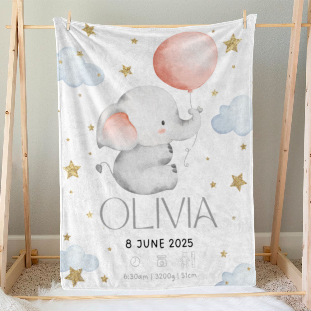 出産祝いに名前入り大判ブランケット 女の子 男の子 赤ちゃん ベイビー★ 最高のギフト★ かわいい象 11/08