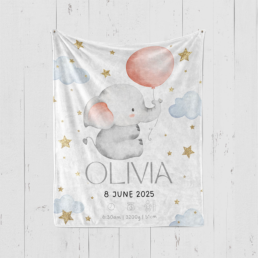 出産祝いに名前入り大判ブランケット 女の子 男の子 赤ちゃん ベイビー★ 最高のギフト★ かわいい象 11/08