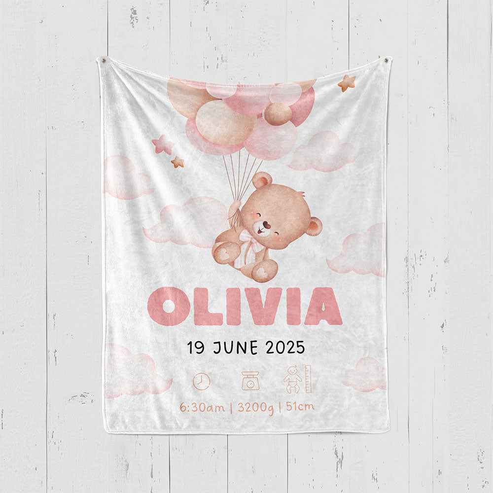 出産祝いに名前入り大判ブランケット 女の子 男の子 赤ちゃん ベイビー★ 最高のギフト★クマと風船 11/08