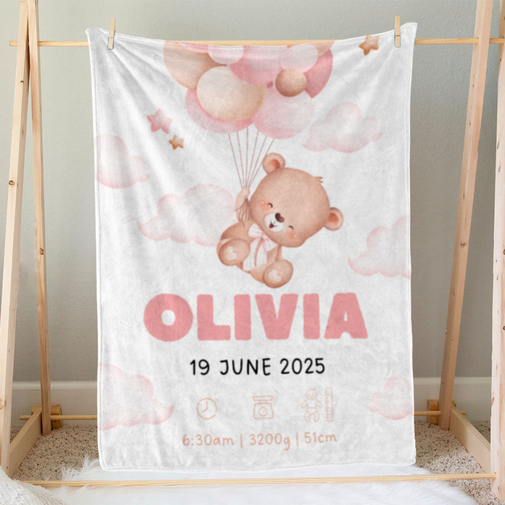 出産祝いに名前入り大判ブランケット 女の子 男の子 赤ちゃん ベイビー★ 最高のギフト★クマと風船 11/08